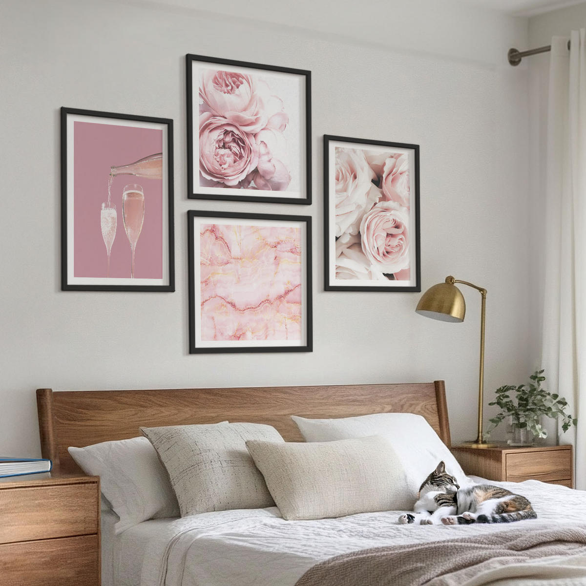 WANDBILDER 4er-Set - 50x50 cm & 40x60 cm Schwarzer Rahmen - Rosen, Champagner, Marmor, Pastell - Schwarz, Kunststoff (50/50cm) - ArtPrintCave