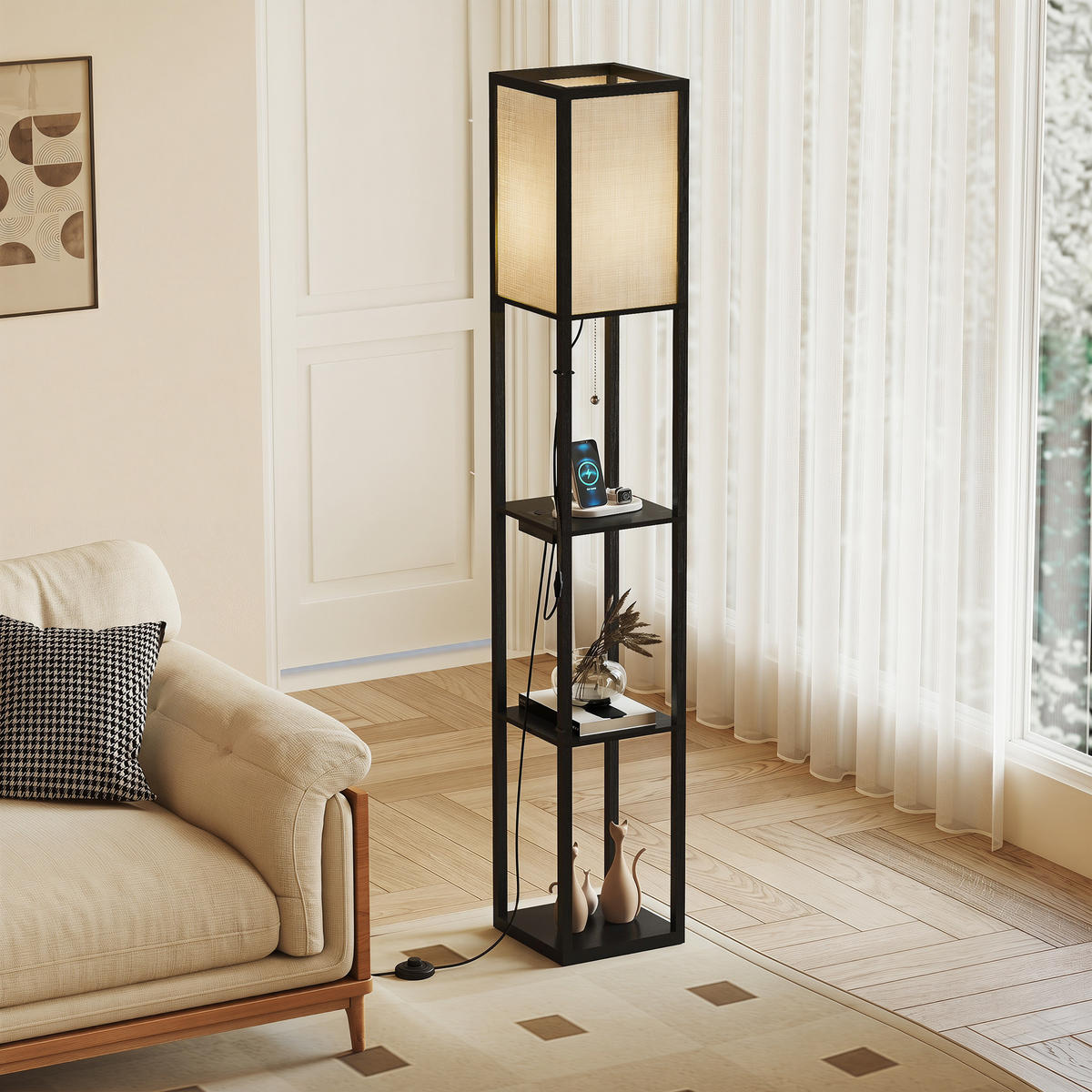 STEHLEUCHTE mit Ablagen MDF Schwarz - Schwarz, Holzwerkstoff (26/26/161cm) - HOMCOM