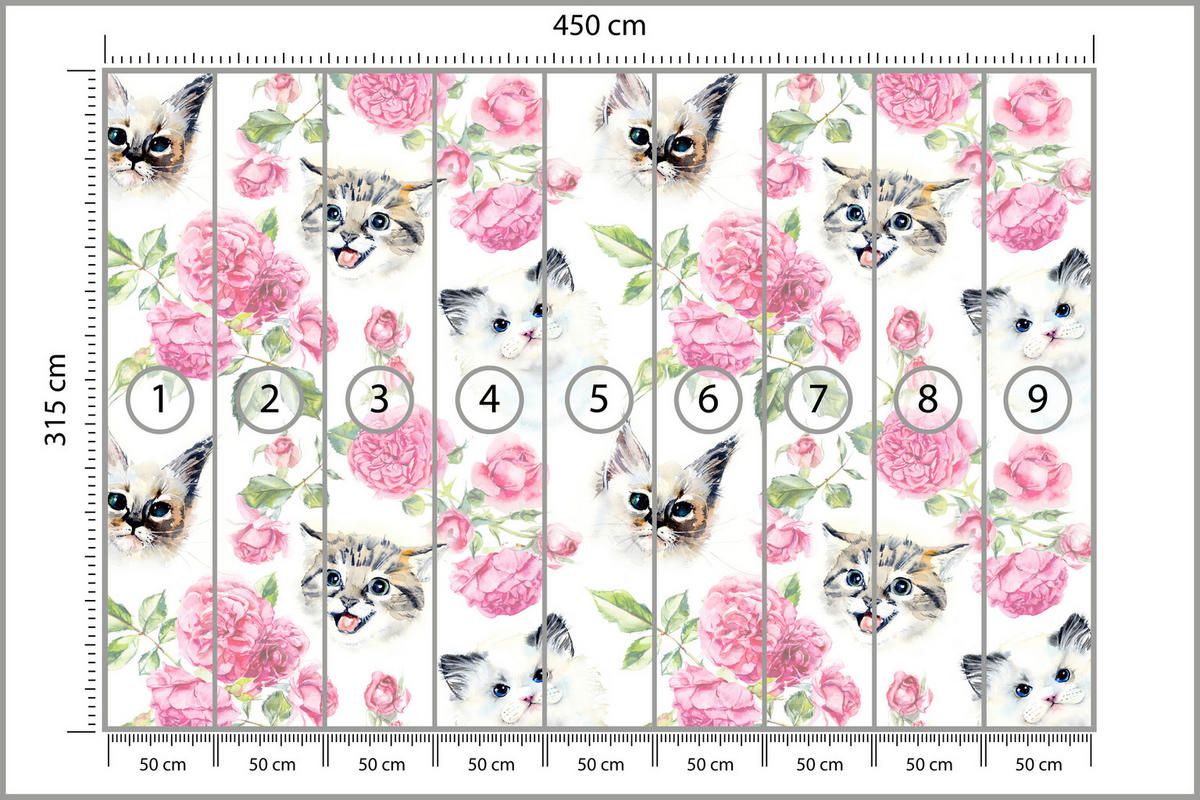 FOTOTAPETE für Badezimmer Kätzchen Rosen Blumen 450x315 - Beige/Rosa, Papier (450/315cm) - Muralo