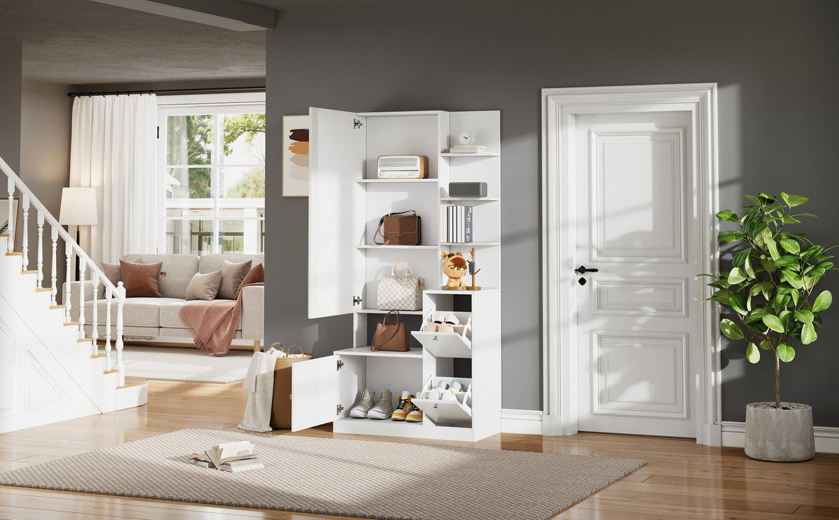 GARDEROBE-SET in Weiß Hochschrank mit Spiegel und Schuhschrank, Flur-Garderobenständer mit 5 Ablagen, B85/T40/H180cm - Weiß, Holzwerkstoff/Metall (273/87/98cm) - STILVORA
