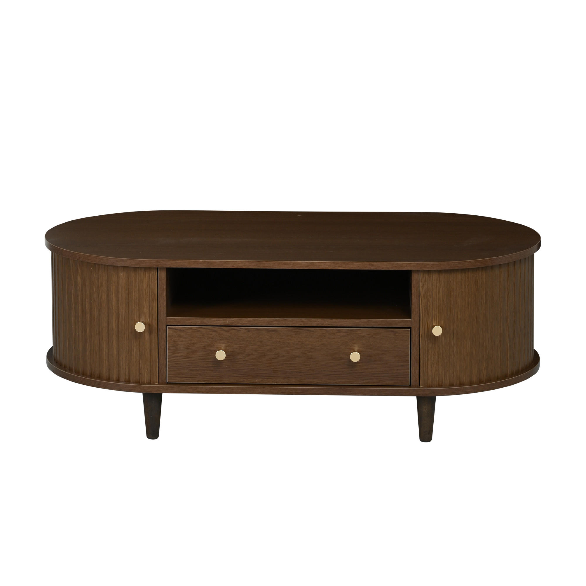 COUCHTISCH Ovales Design mit Rolltür & Schublade - Walnussfarben, Holzwerkstoff (50/100/36cm) - Urban Meuble