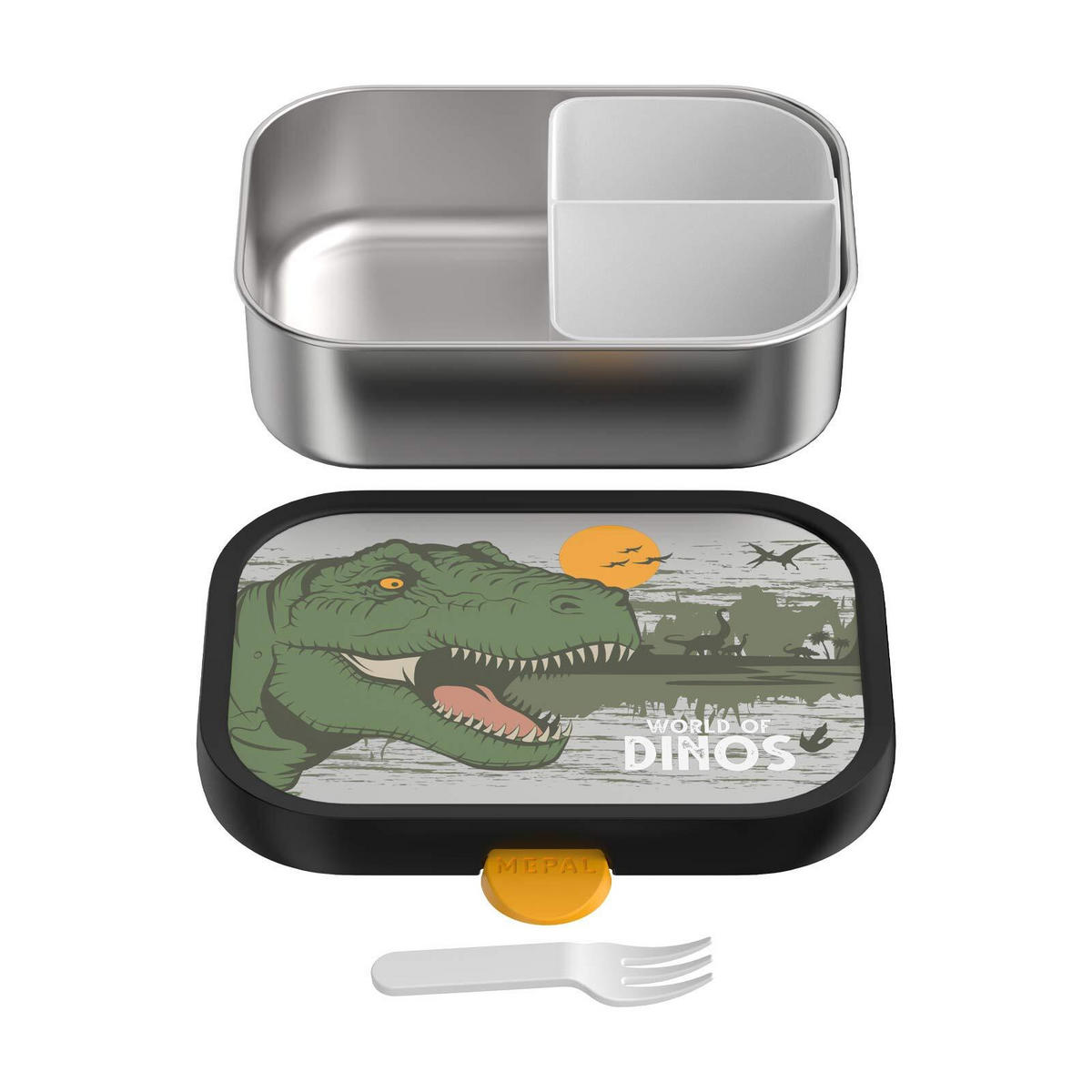 EDELSTAHL-BROTDOSE MIT GABEL Campus Dino 18 x 13 cm - Grün, Kunststoff/Metall (13.2/6.1/17.8cm) - Mepal