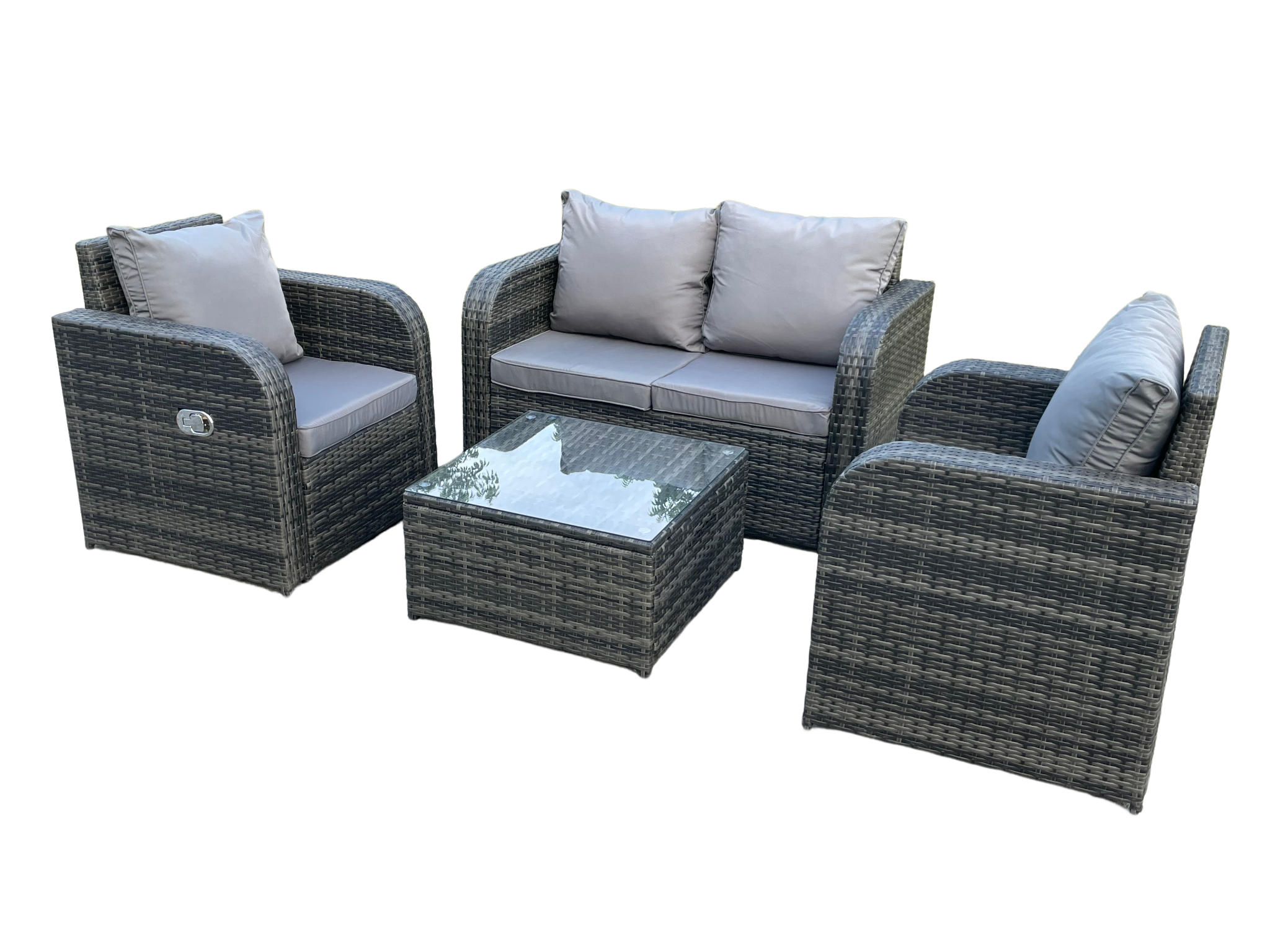 GARTENMÖBEL SET MIT LIEGESTUHL Polyrattan 4-Sitzer - Dunkelgrau/Grau, Glas/Kunststoff - Fimous