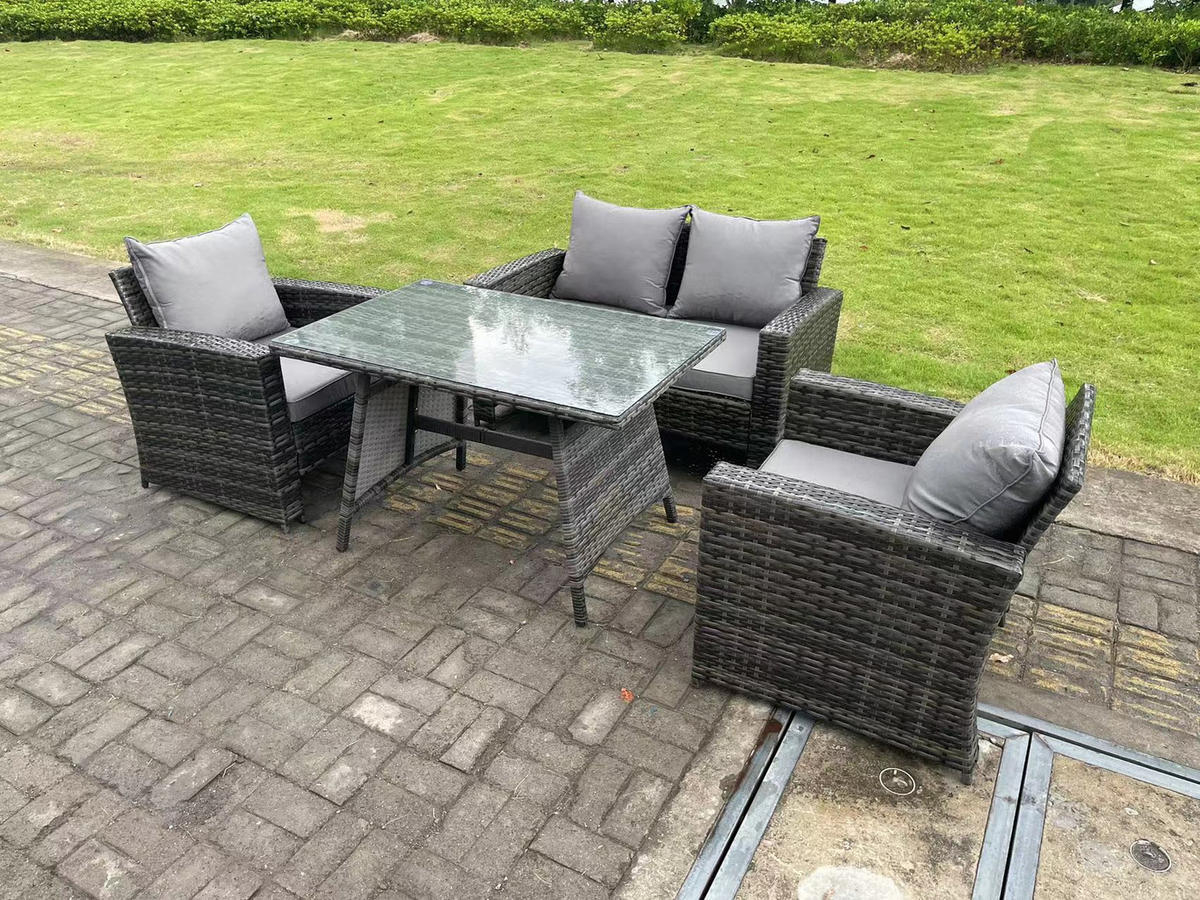 GARTENTISCHGRUPPE Polyrattan 4-Sitzer - Dunkelgrau/Grau, Glas/Kunststoff - Fimous