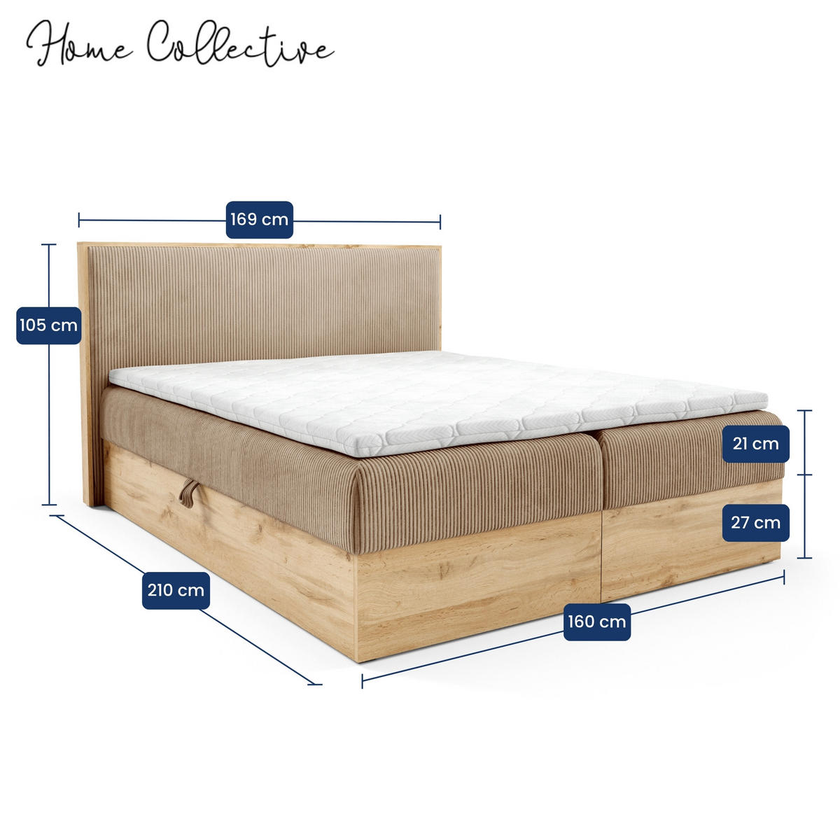 BOXSPRINGBETT Holzoptik Sonoma mit Topper 160x200 cm Hellbraun - Hellbraun, Textil (160/200cm) - Home Collective