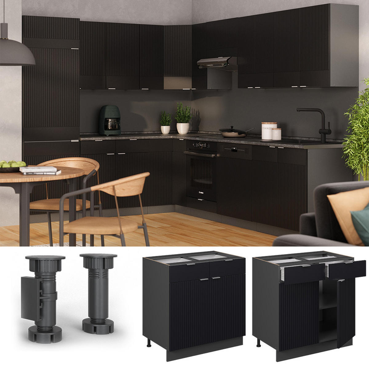 KÜCHENUNTERSCHRANK Fame-Line, Schwarz gestreift, 80 cm, AP Marmor - Anthrazit/Schwarz, Holzwerkstoff (80/82/60cm) - Vicco