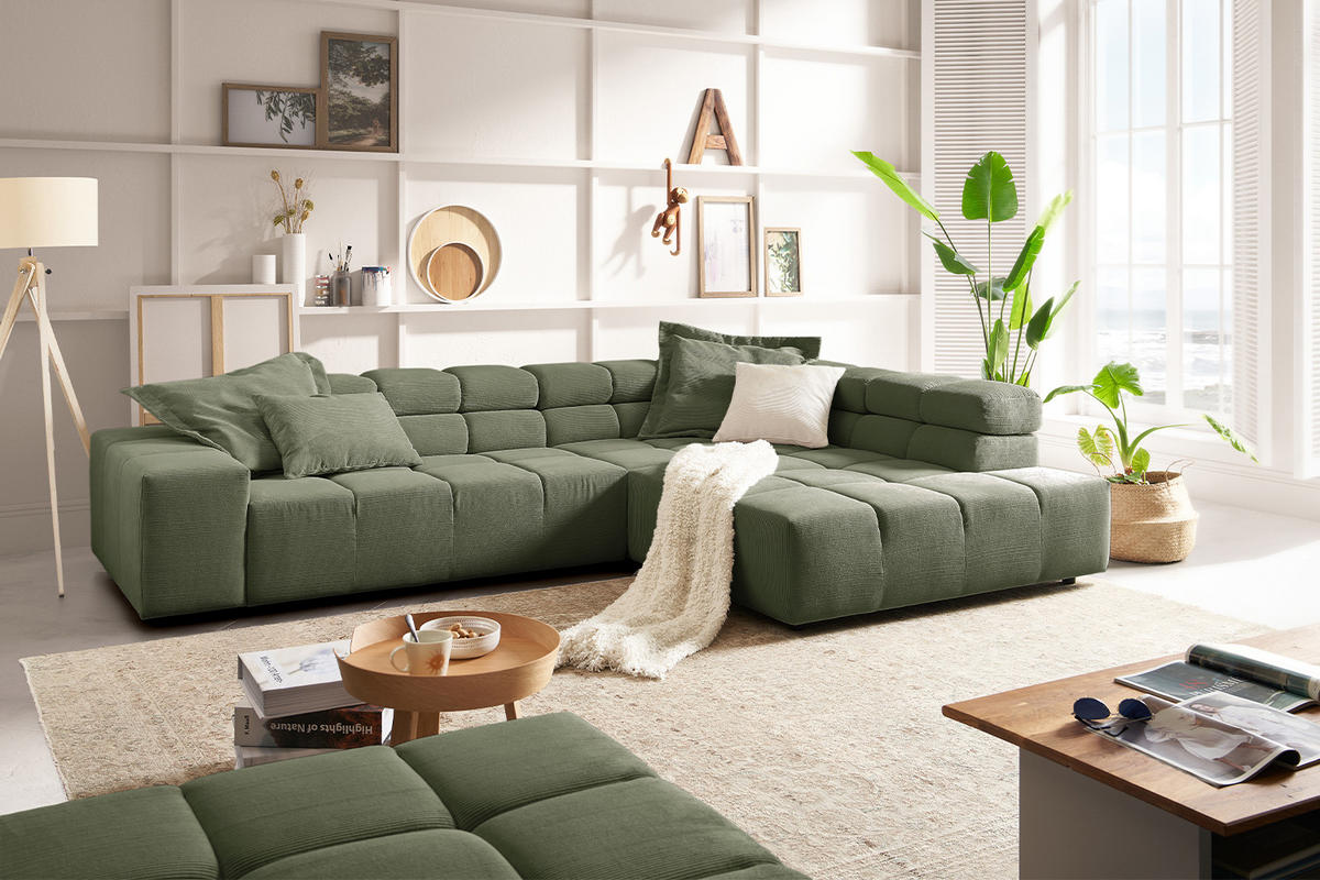 ECKSOFA NEVADA Dunkelgrün Cord - Dunkelgrün/Schwarz, Kunststoff/Textil (319/215cm) - KAWOLA