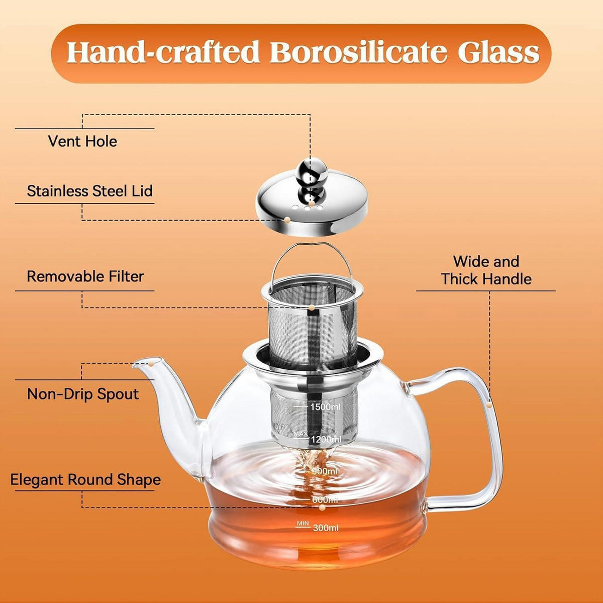 TEEKANNE Glas 1500 ml mit Siebeinsatz - Transparent, Glas (15/15cm)