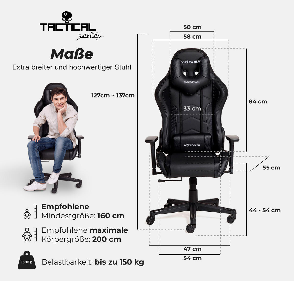 GAMING-STUHL Tactical SMI mit Massagefunktion Schwarz - Schwarz, Metall (55/137/55cm) - MaxPodium