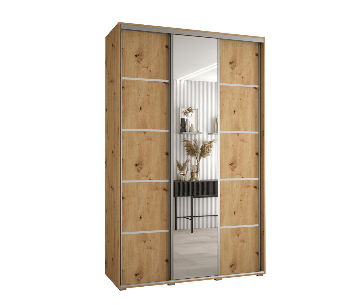 SCHWEBETÜRENSCHRANK 235,2/150/60 3-türig - Silberfarben/Eiche Artisan, Holz/Metall (150/235/60cm) - Abiks Möbel