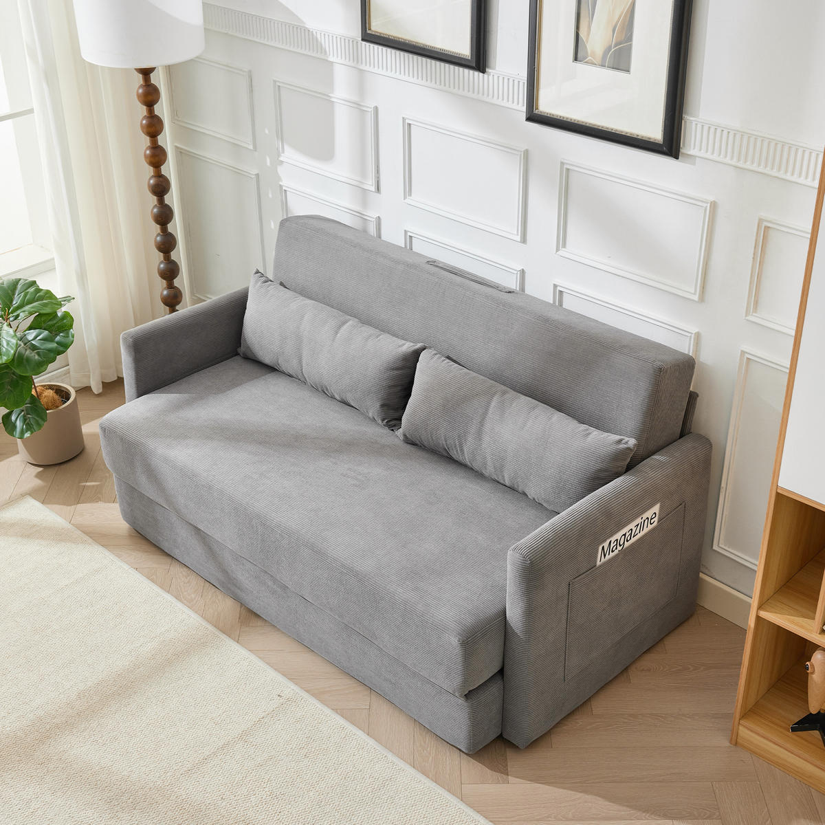 2-SITZER SOFABETT Cord Grau mit Kissen und Magazintaschen - Grau, Holzwerkstoff/Textil (165/67/212cm) - WISHDOR