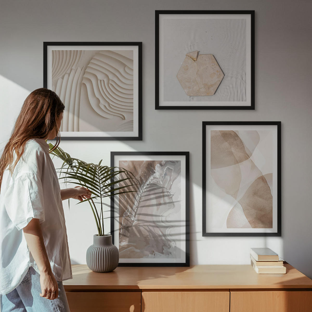 WANDBILDER 4er-Set - 50x50 cm & 40x60 cm Schwarzer Rahmen - Abstrakte bemalte Strukturen - Schwarz, Kunststoff (50/50cm) - ArtPrintCave