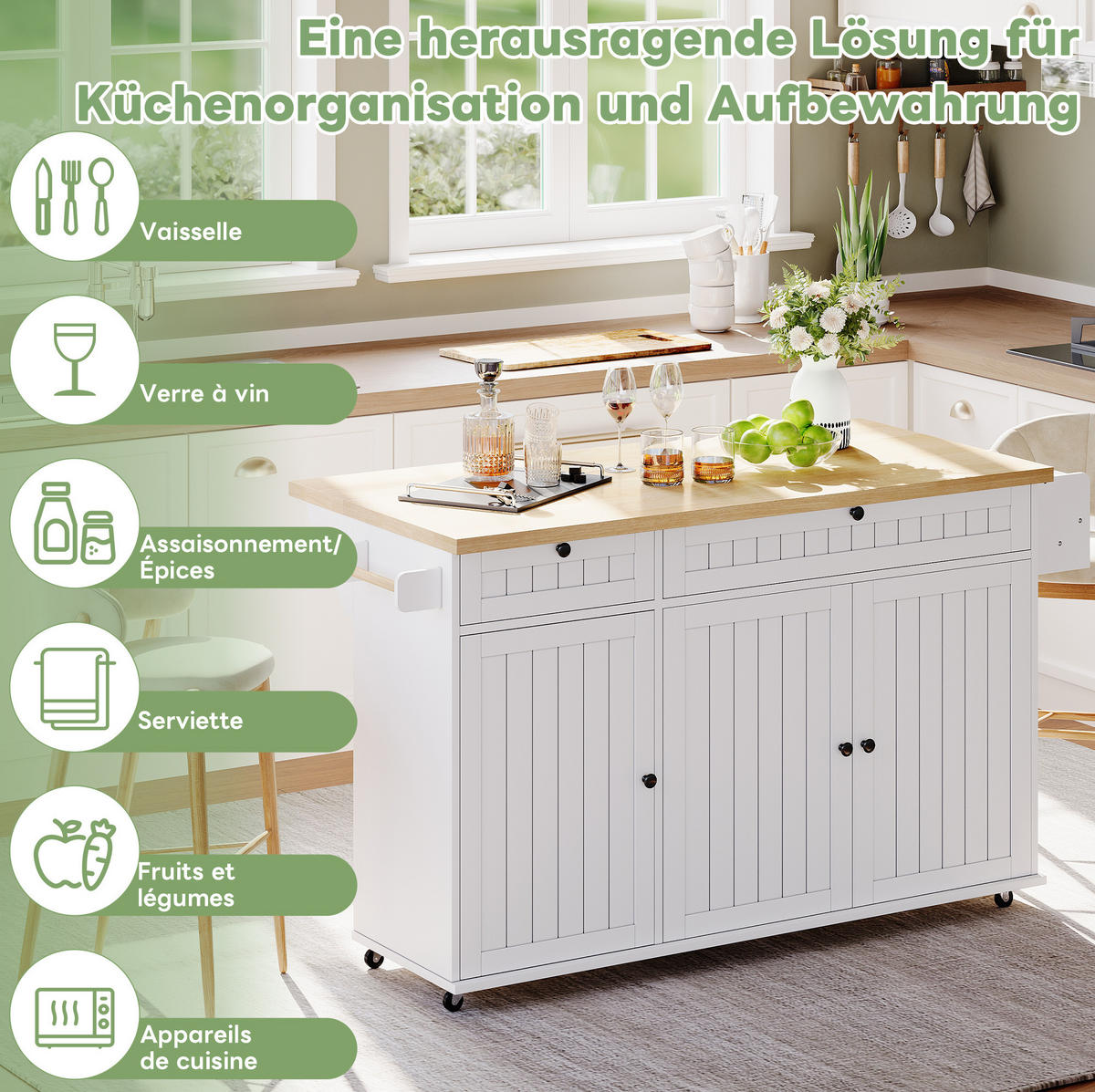 KÜCHENINSEL 137/89,5/45 cm Natur/Weiß aus MDF mit klappbarer Arbeitsplatte - Naturfarben, Holzwerkstoff (70/89.5/137cm) - OKMYHOME