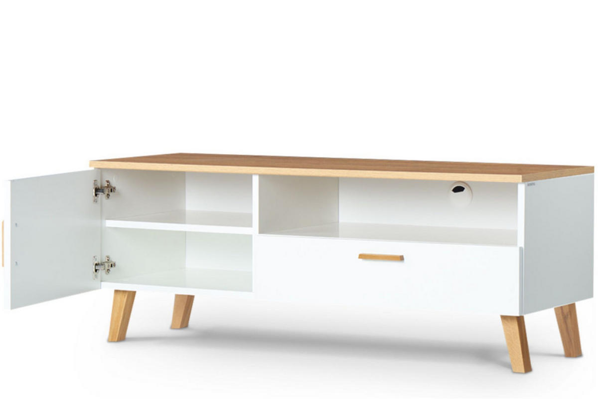 LOWBOARD FRISK TV-Schränke mit Schublade und Türe, weiß - Eichefarben/Weiß, Eichenholz/Holzwerkstoff (126/49/46cm) - KONSIMO®