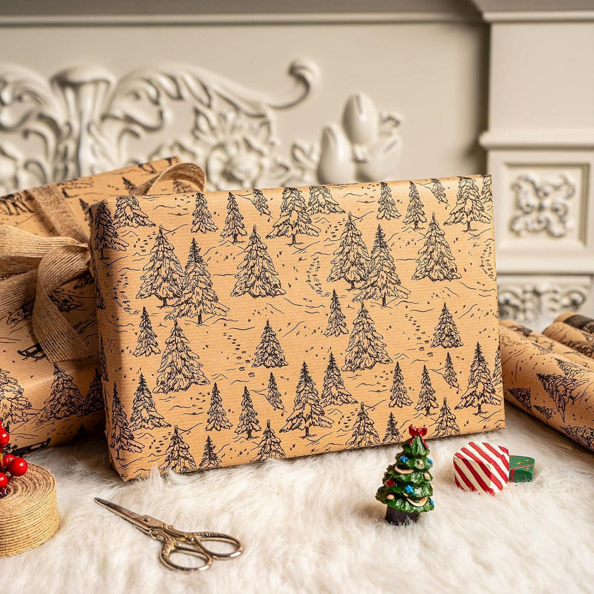 GESCHENKPAPIER 4 Rollen Kraft-Weihnachtslandschaft 43,5 x 305 cm - Braun, Papier (4/44/15cm)
