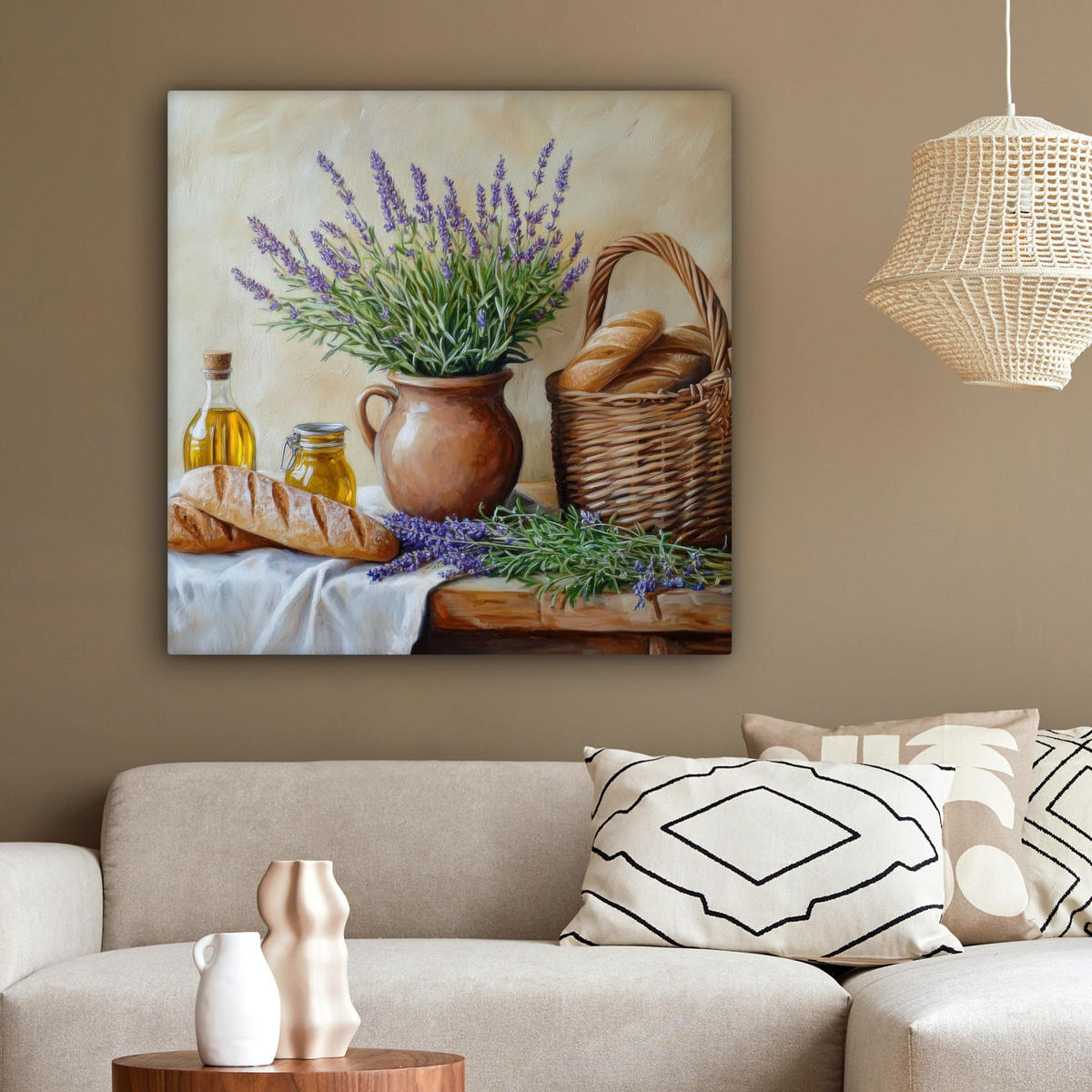 LEINWANDBILD Lavendel - Brot - Stilleben 90x90 cm - Flieder, Textil (90/90cm) - MuchoWow