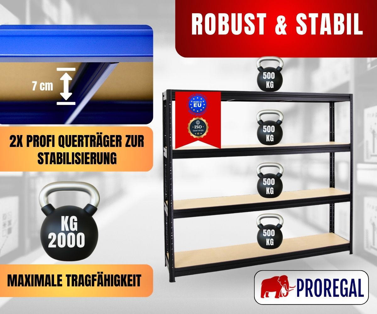 SCHWERLASTREGAL Dino 180x200x45 cm Fachlast 500 kg Schwarz - Schwarz, Metall (200/180/45cm) - PROREGAL
