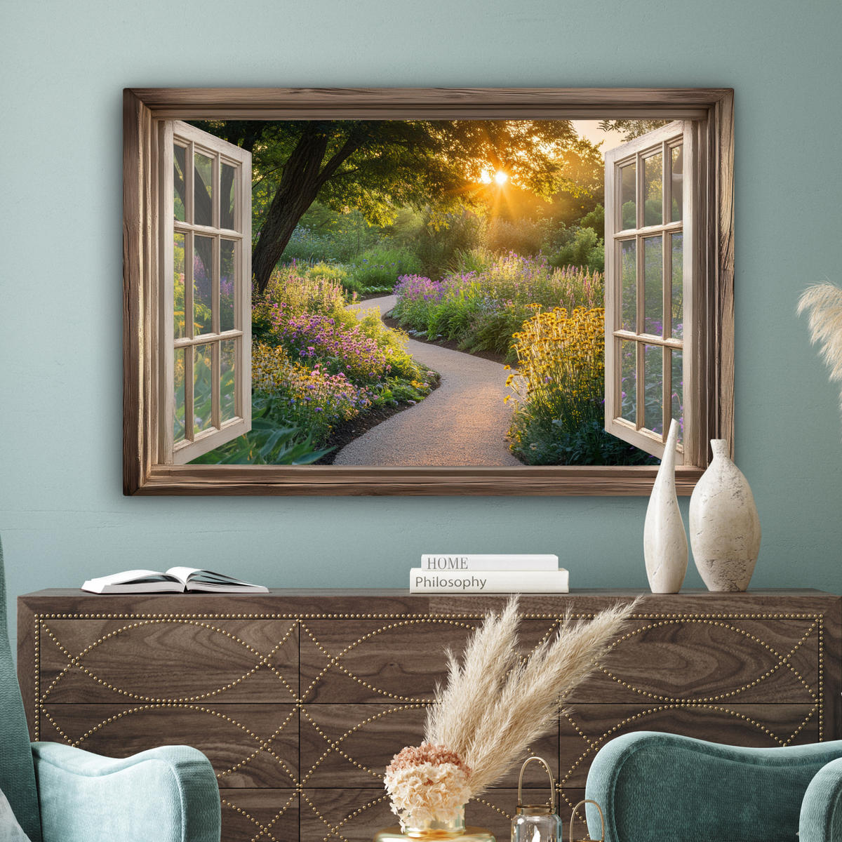 LEINWANDBILD Aussicht - Blumen - Natur - Sonne - Weg XXL 150x100 cm - Hellgelb, Textil (150/100cm) - MuchoWow