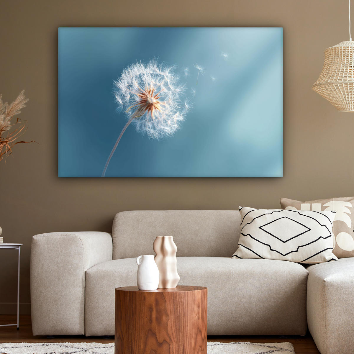 LEINWANDBILD Löwenzahn - Wind - Blau Wohnzimmer Groß 120x80 cm - Blaugrau, Textil (120/80cm) - MuchoWow