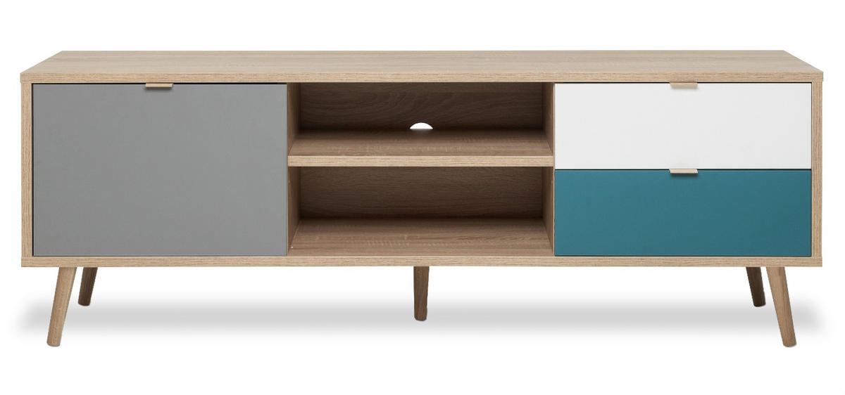 TV-LOWBOARD Eiche Sonoma, Petrol, weiß und grau, Fernsehtisch Tricolor skandinavisch - Eichefarben/Petrol, Holz/Holzwerkstoff (150/52/40cm) - Furn.Design