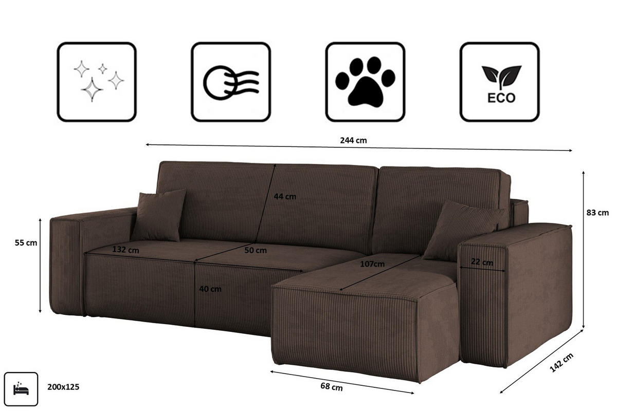 ECKSOFA Mit Schlaffunktion Und Bettkasten BEST Stoff Poso Dicker Cord Braun Rechts - Braun, Holz/Textil (244/142cm) - Kaiser Möbel