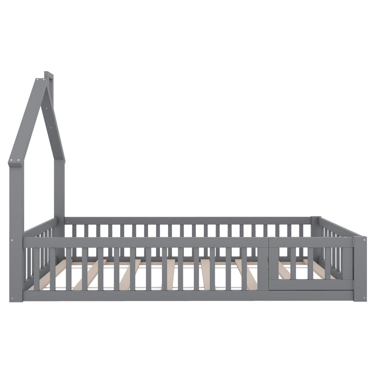 POSTELJA v obliki hiše 90/200 cm siva iz bora in MDF z letvenim dnom in varnostno ograjo - siva, leseni material (90/200cm) - OKWISH