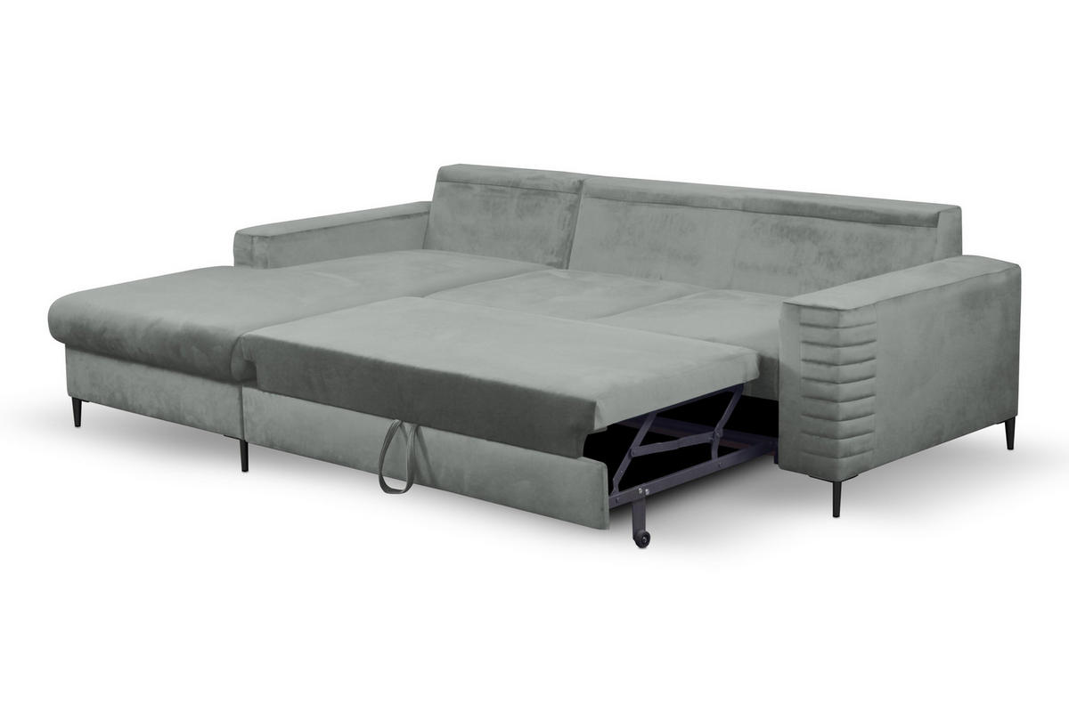 ECKSOFA GRIFO L-S Hellgrau Velours-Stoff mit Schlaffunktion - Hellgrau, Holz (253/165cm) - MASSENO