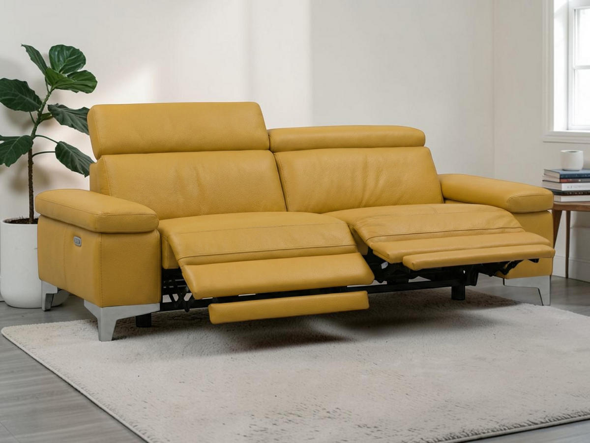 3-SITZER Sofa Talisman Echtleder mit 2 x Relaxfunktion Senfgelb - Gelb, Leder/Metall (216/80/100cm)