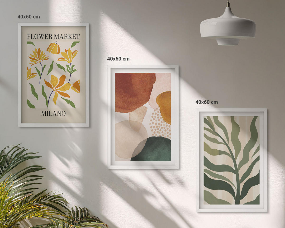 WANDBILDER 3er-Set - 40x60 cm Weißer Rahmen - Florale abstrakte Formen - Weiß, Kunststoff (40/60cm) - ArtPrintCave