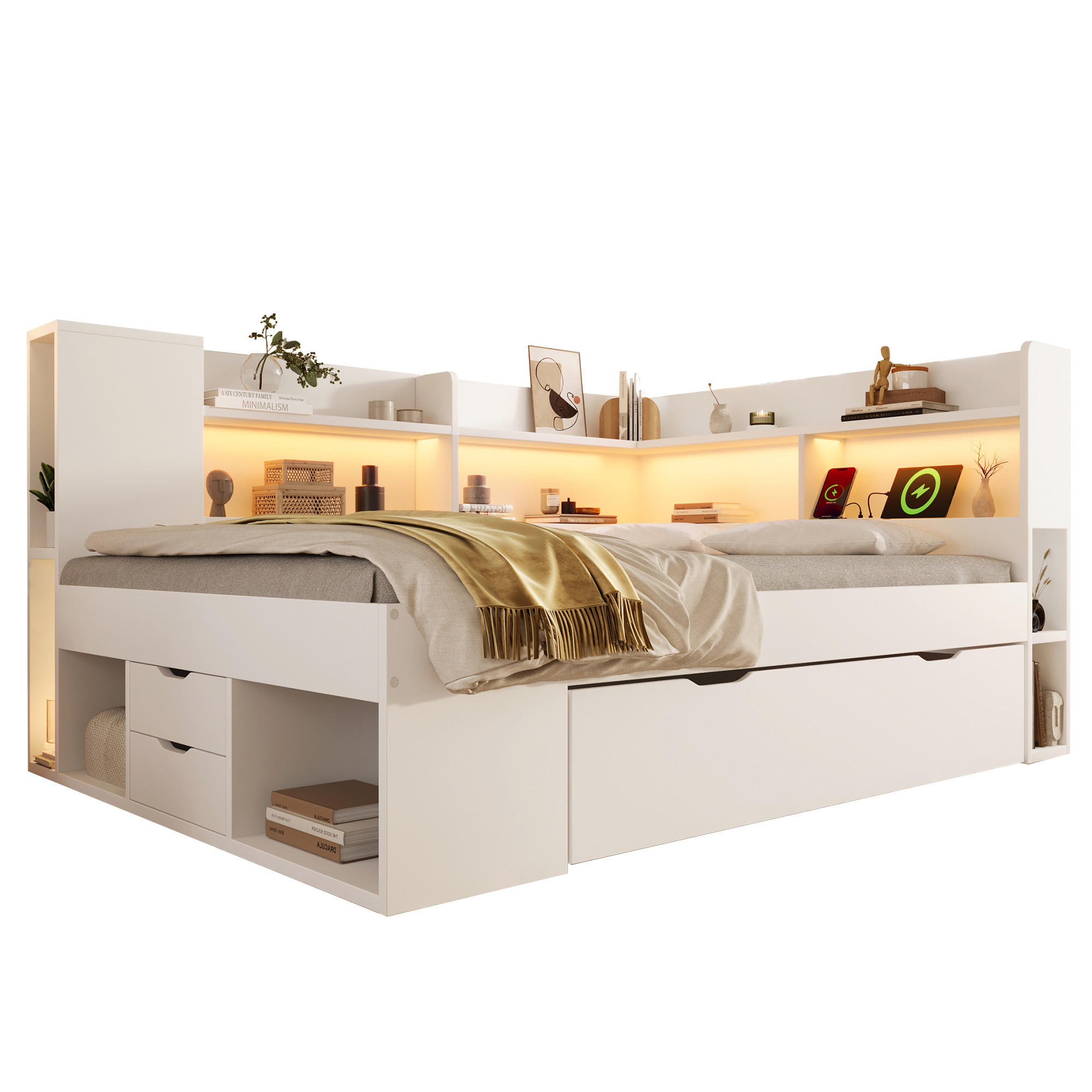 POLSTERBETT 90/200 cm aus Holzwerkstoff mit LED-Beleuchtung, USB- und Typ-C-Anschluss, Stauraum und Lattenrost, Weiß - Weiß, Textil (90/200cm) - Redom