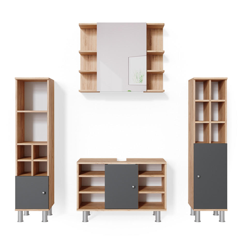 BADMÖBEL-SET Fynn Goldkraft Eiche 4 Teile, mit Midischränke - Anthrazit/Eiche Wotan, Holzwerkstoff (60/54/32cm) - Vicco