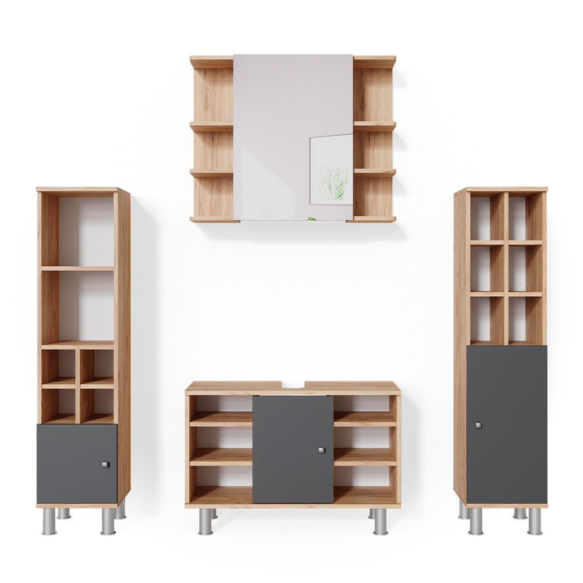 BADMÖBEL-SET Fynn Goldkraft Eiche 4 Teile, mit Midischränke - Anthrazit/Eiche Wotan, Holzwerkstoff (60/54/32cm) - Vicco