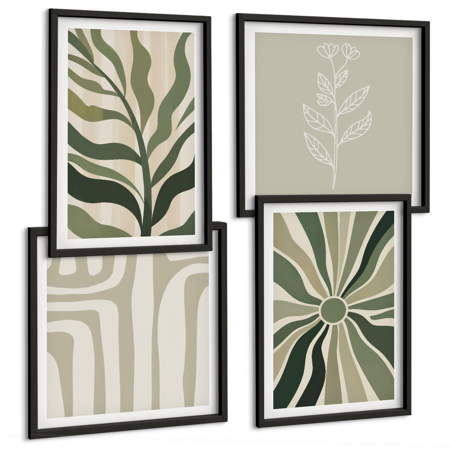BILDER SET 4er Set - 50x50 cm & 40x60 cm Schwarzer Rahmen - Pflanzenmuster grüner Minimalismus - Schwarz, Kunststoff (50/50cm) - TULUP