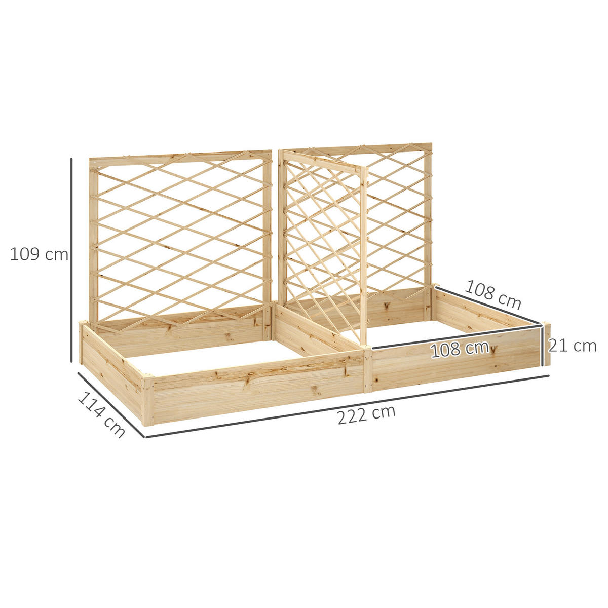 HOCHBEET DE-12205 mit 3 Rankgittern modular 222/114/109 cm Natur - Naturfarben, Holz (222/109/114cm) - ComfortXL
