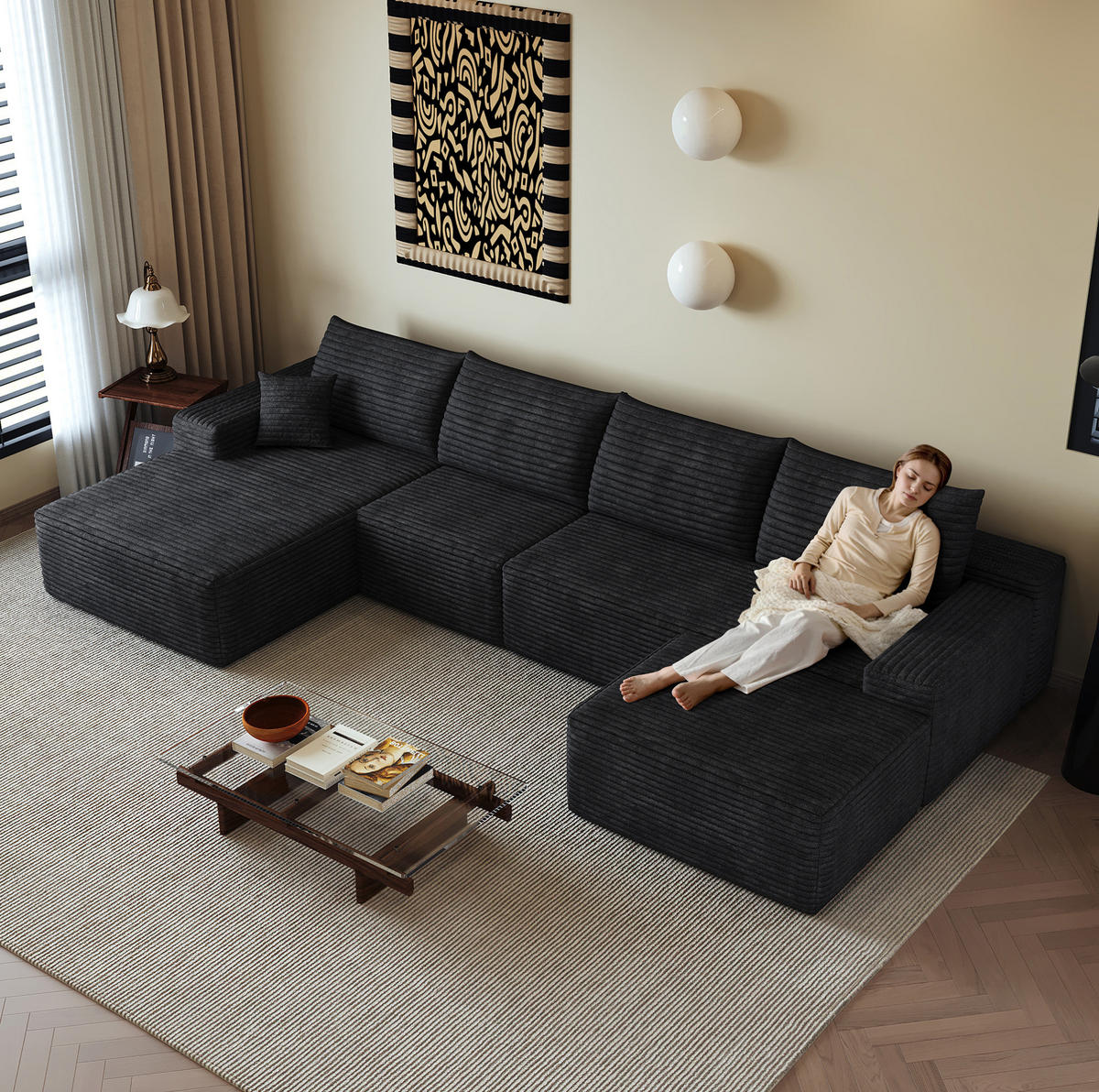 SOFA Ecksofa mit Chaiselongue 340 cm Cordstoff Schwarz - Schwarz, Kunststoff (175/83/270cm) - Meubliv