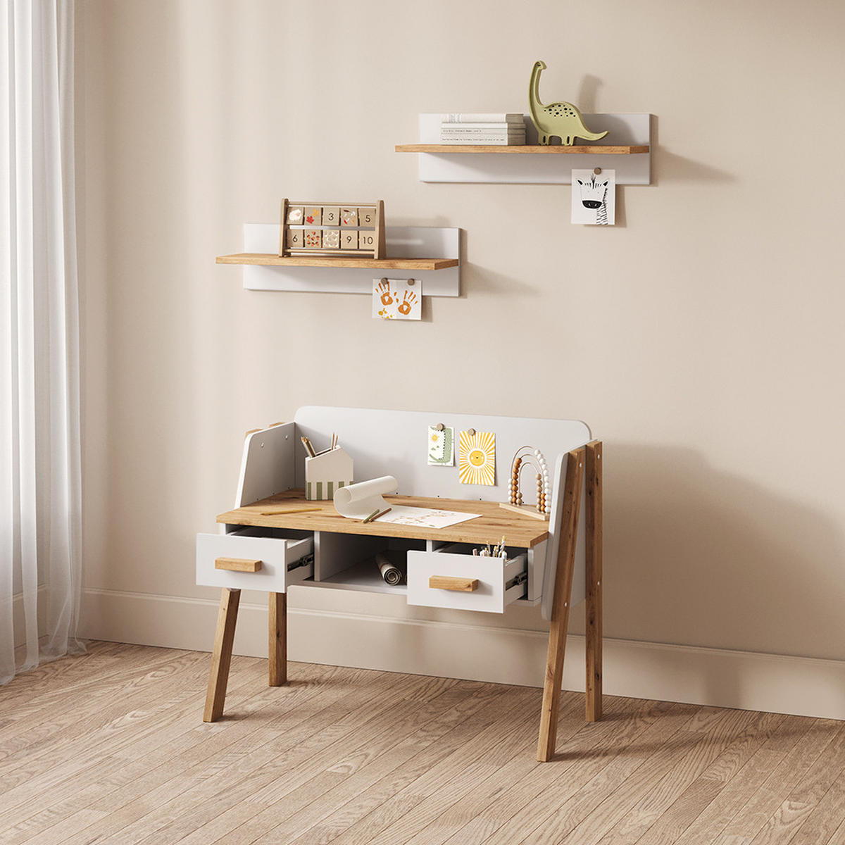 SCHREIBTISCH Mailo Weiß/Artisan 97 x 80 cm - Weiß/Eiche Artisan, Holzwerkstoff (51/97/80cm) - Livinity®