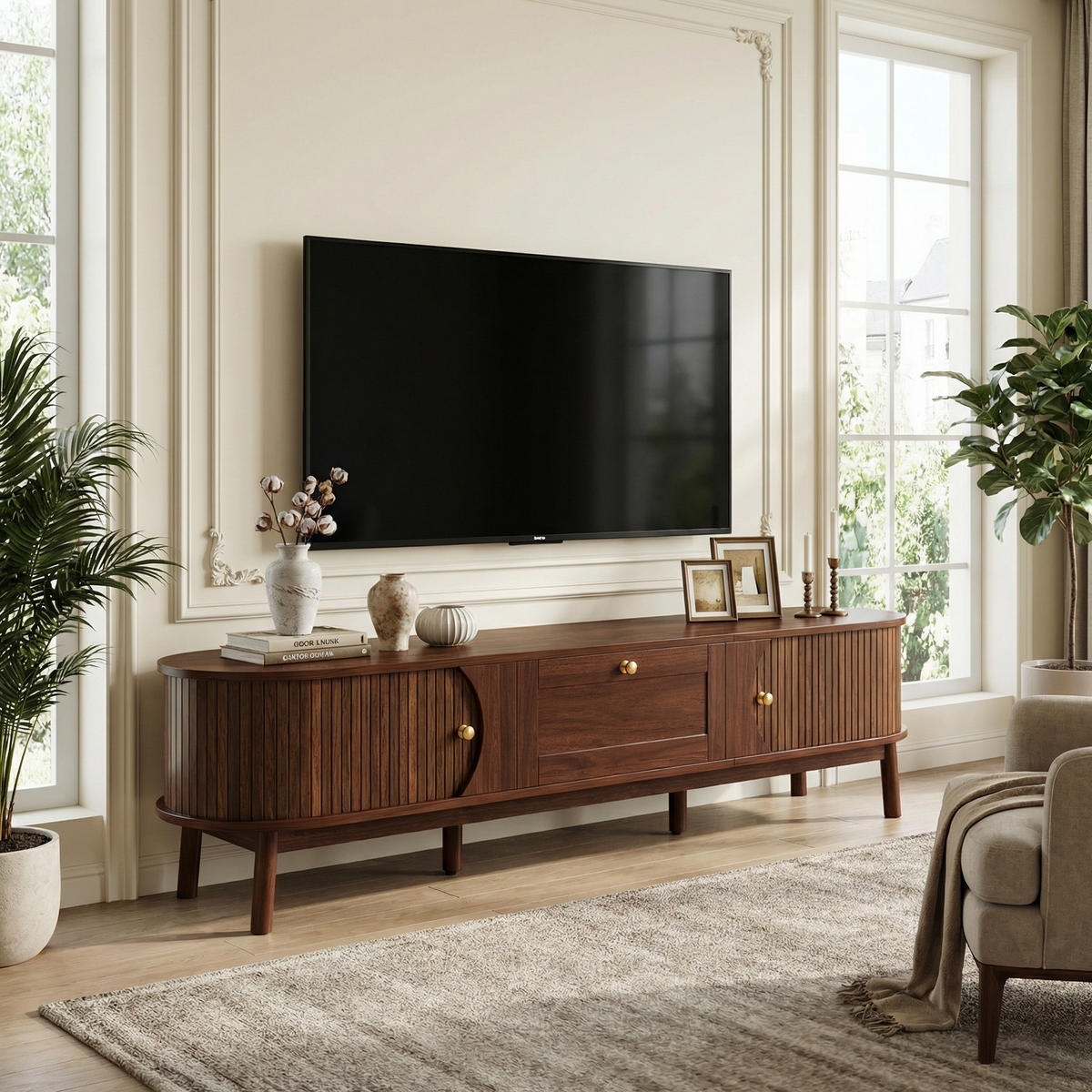 TV-STOLIK in Nussbaum-Optik, Fernsehschrank s Schiebetüren - biela, kompozitné drevo (170/38/40cm) - Urban Meuble