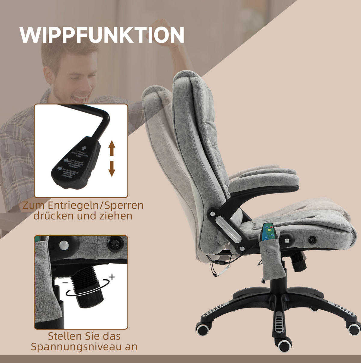 BÜROSTUHL mit Massage- und Heizfunktion höhenverstellbar Polyester Grey - Grau, Kunststoff (72/120/68cm) - Meubliv