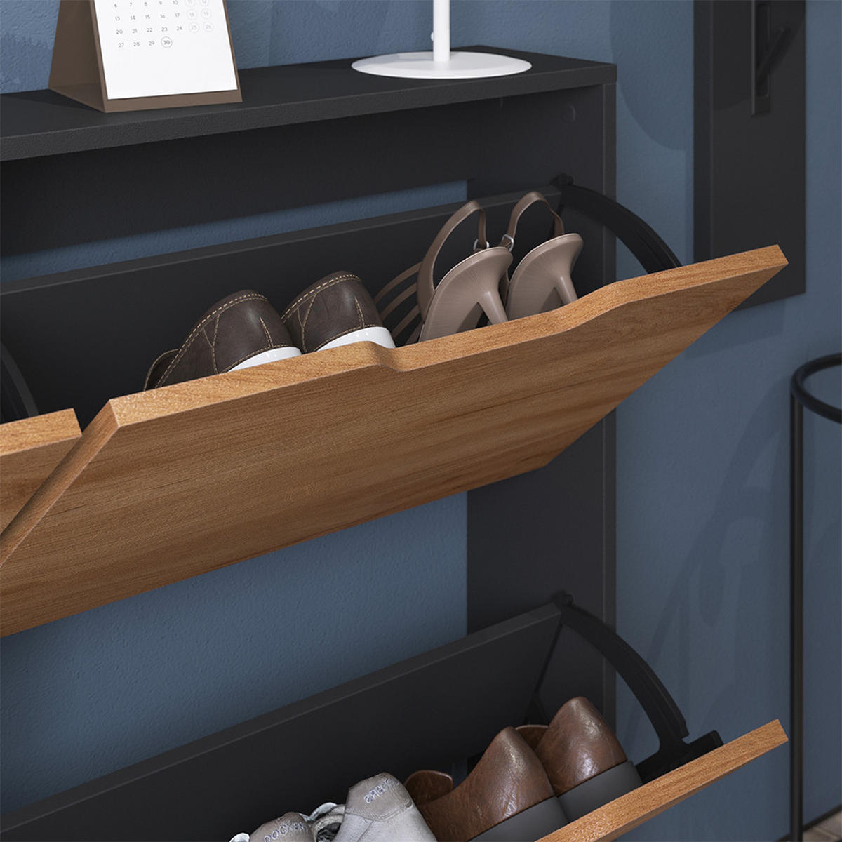 SCHUHKIPPER Luca, Anthrazit/Goldkraft Eiche, 116 x 88.5 cm mit 2x2 Kippfächern - Honigeiche/Anthrazit, Holzwerkstoff (116/88.5/17cm) - Vicco