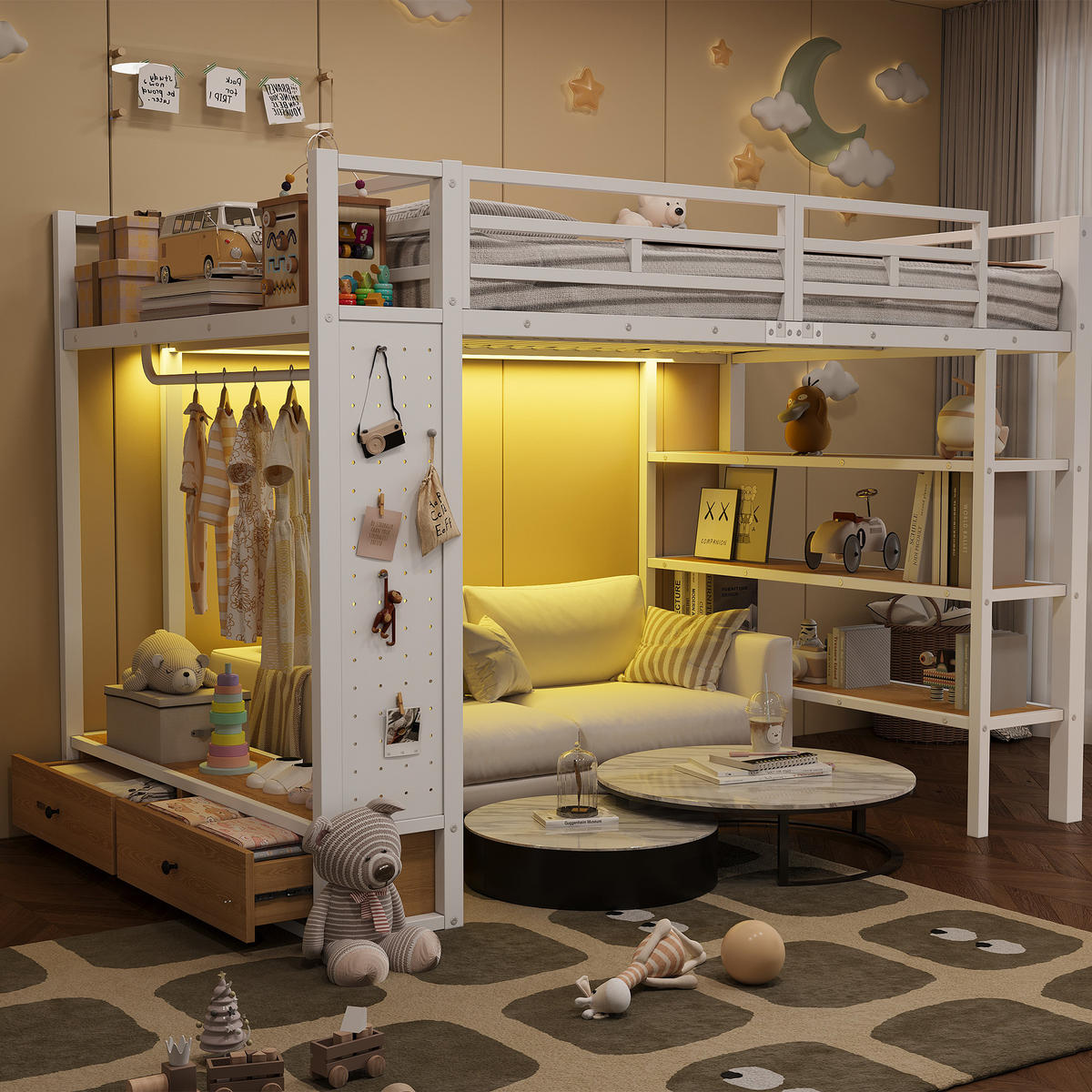 HOCHBETT 140/200 cm in Weiß mit Kleiderschrank, 2 Schubladen und LED - Weiß, Holzwerkstoff/Metall (140/200cm) - STILVORA