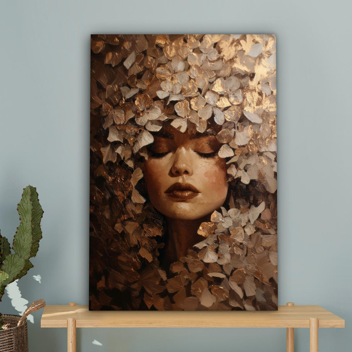 LEINWANDBILD Gesicht - Dame - Blätter - Pinselstriche Wanddeko Schlafzimmer 60x90 cm - Goldfarben, Textil (60/90cm) - MuchoWow