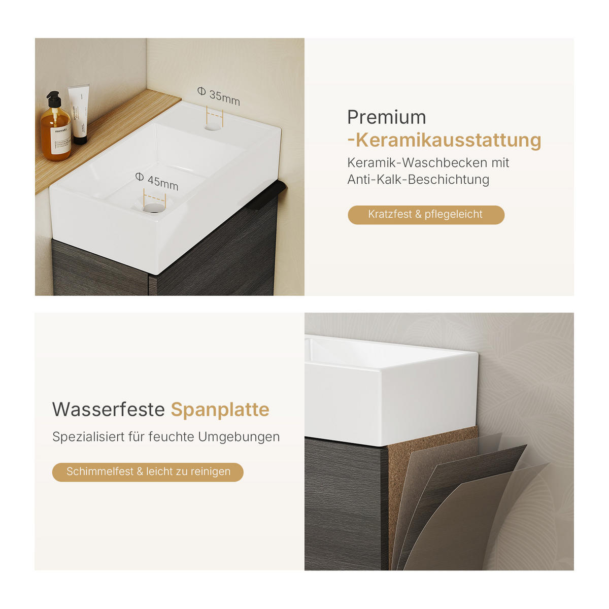 WASCHTISCHKOMBI 41,7 cm Holzdekor Grau mit Keramik-Waschbecken - Graubraun/Schwarz, Holz/Holzwerkstoff (41.7/64.6/24cm) - EMKE