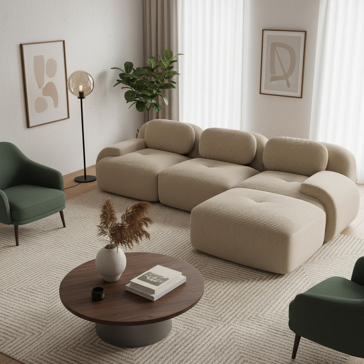 ECKSOFA 3-Sitzer in Premium-Cord Montagefrei & Rutschfest - Beige, Textil (298/178cm) - Urban Meuble