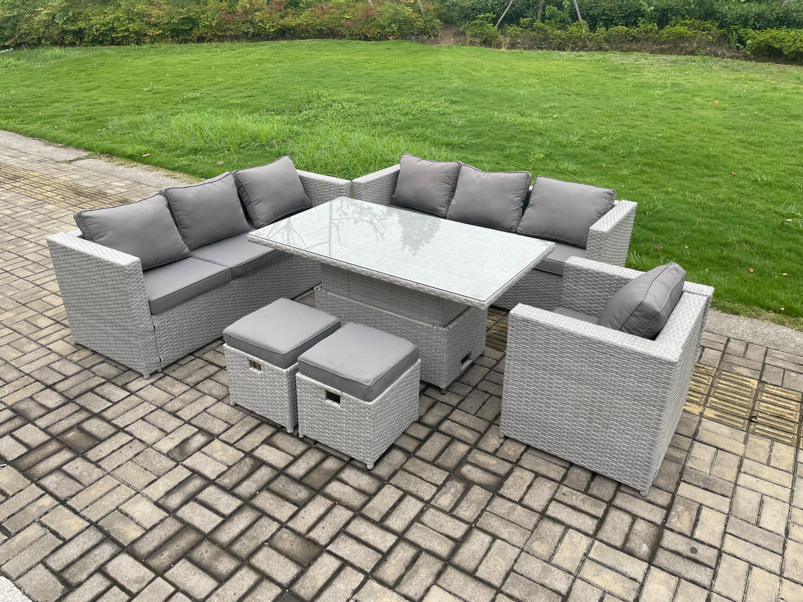 GARTENMÖBEL SET Polyrattan Helles Grau 9-Sitzer - Hellgrau, Metall - Fimous