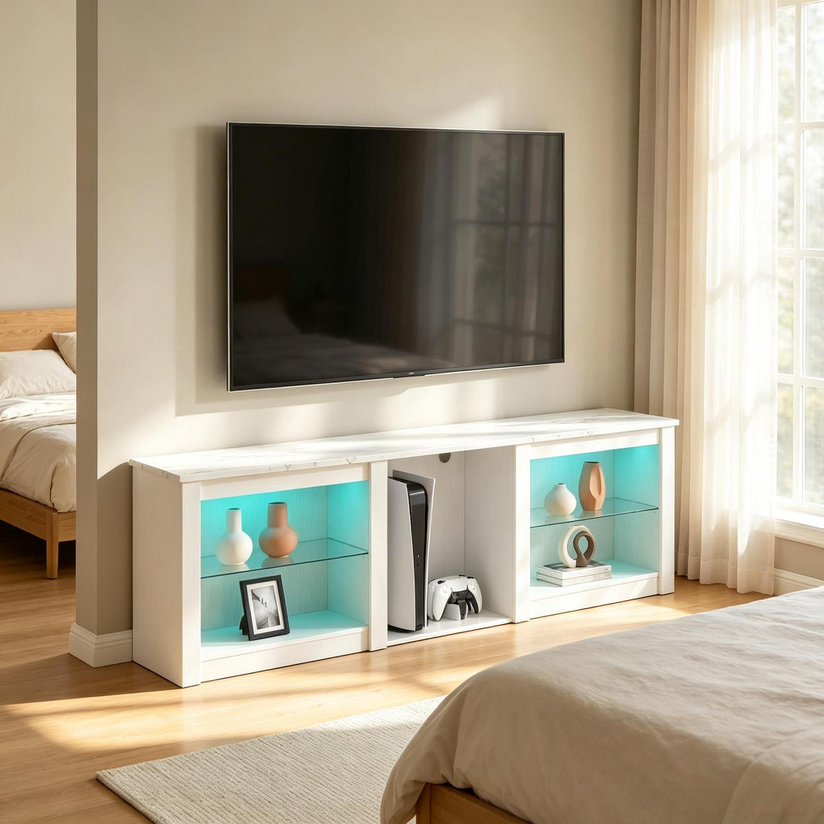 TV-SCHRANK 160/35/51.7 cm Weiß mit LED-Beleuchtung und verstellbaren Glasregalen - Weiß, Holzwerkstoff (160/51.7/35cm) - Oxeza