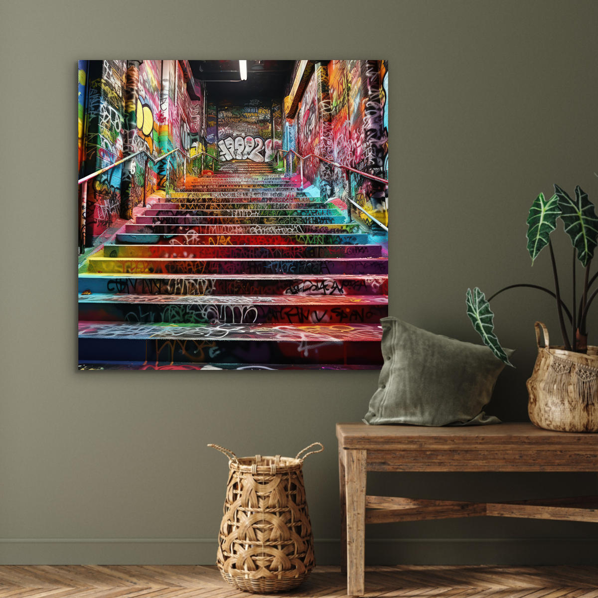 KOVOVÝ OBRAZ Schody - Graffiti - Farby - Umenie 90x90 cm - viacfarebná, kov (90/90cm) - MuchoWow