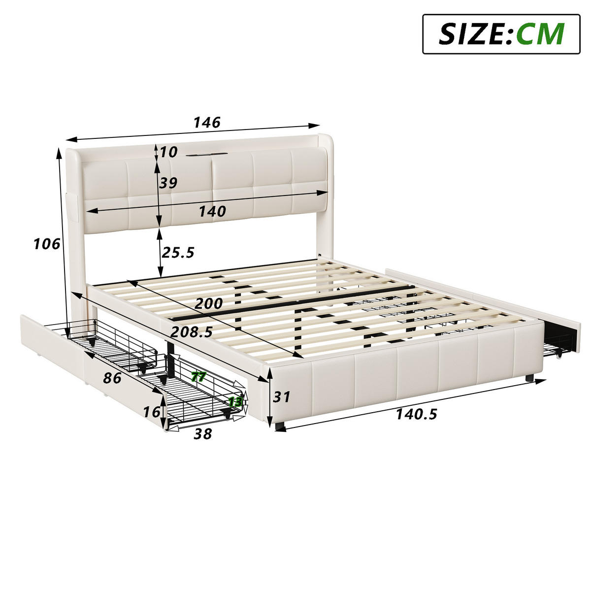 POLSTERBETT 140x200cm mit LED, USB & 4 Schubladen, Stauraumbett, Weiß - Weiß, Holz (140/200cm)