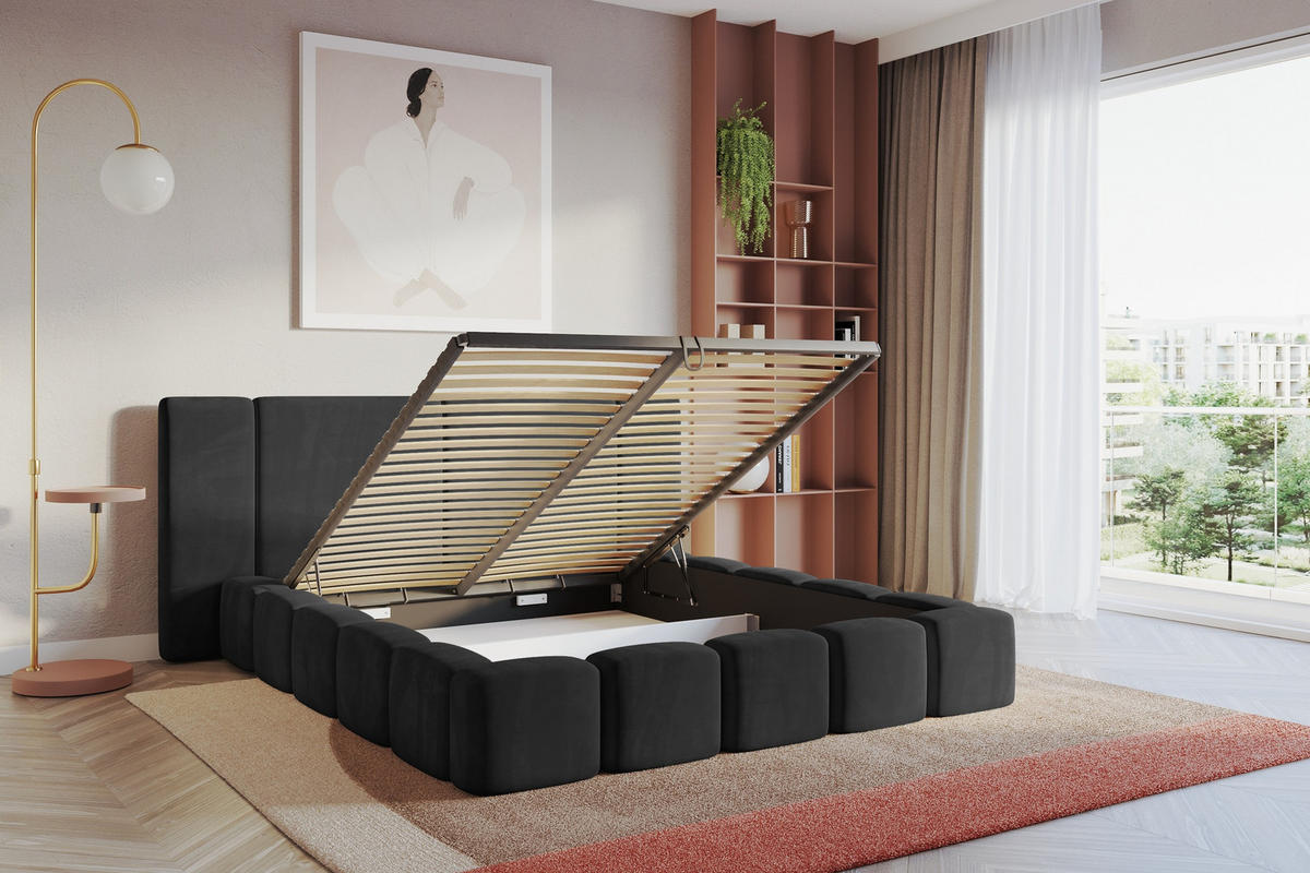 POLSTERBETT mit Bettkasten und Lattenrost, Bett mit Matratze H3/H4 - NILO 140x200 Schwarz - Schwarz, Holzwerkstoff/Textil (140/200cm) - ALTDECOR