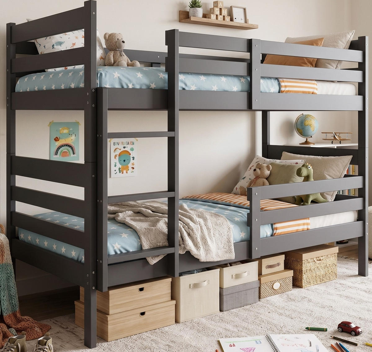 ETAGENBETT ERYK 90/200 cm aus massivem Kiefernholz, grafit, ohne Matratzen - Graphitfarben, Holz - Interbeds