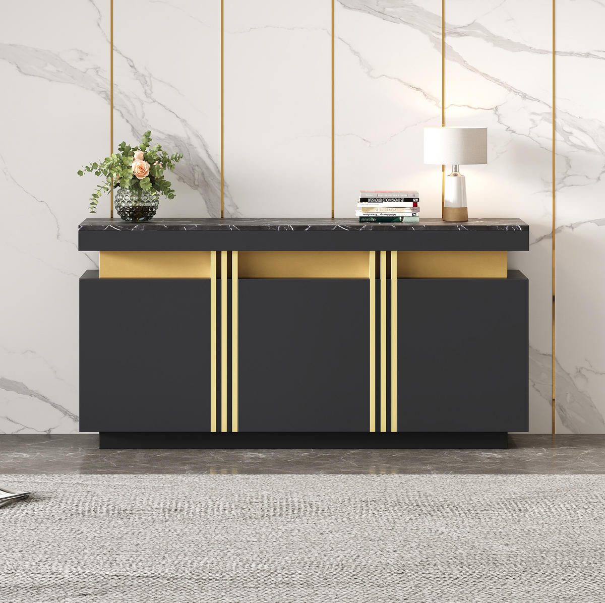 SIDEBOARD 140/38/70 cm schwarz-gold aus Spanplatte mit 3 Türen - Schwarz, Holzwerkstoff (140/70/38cm) - OKWISH